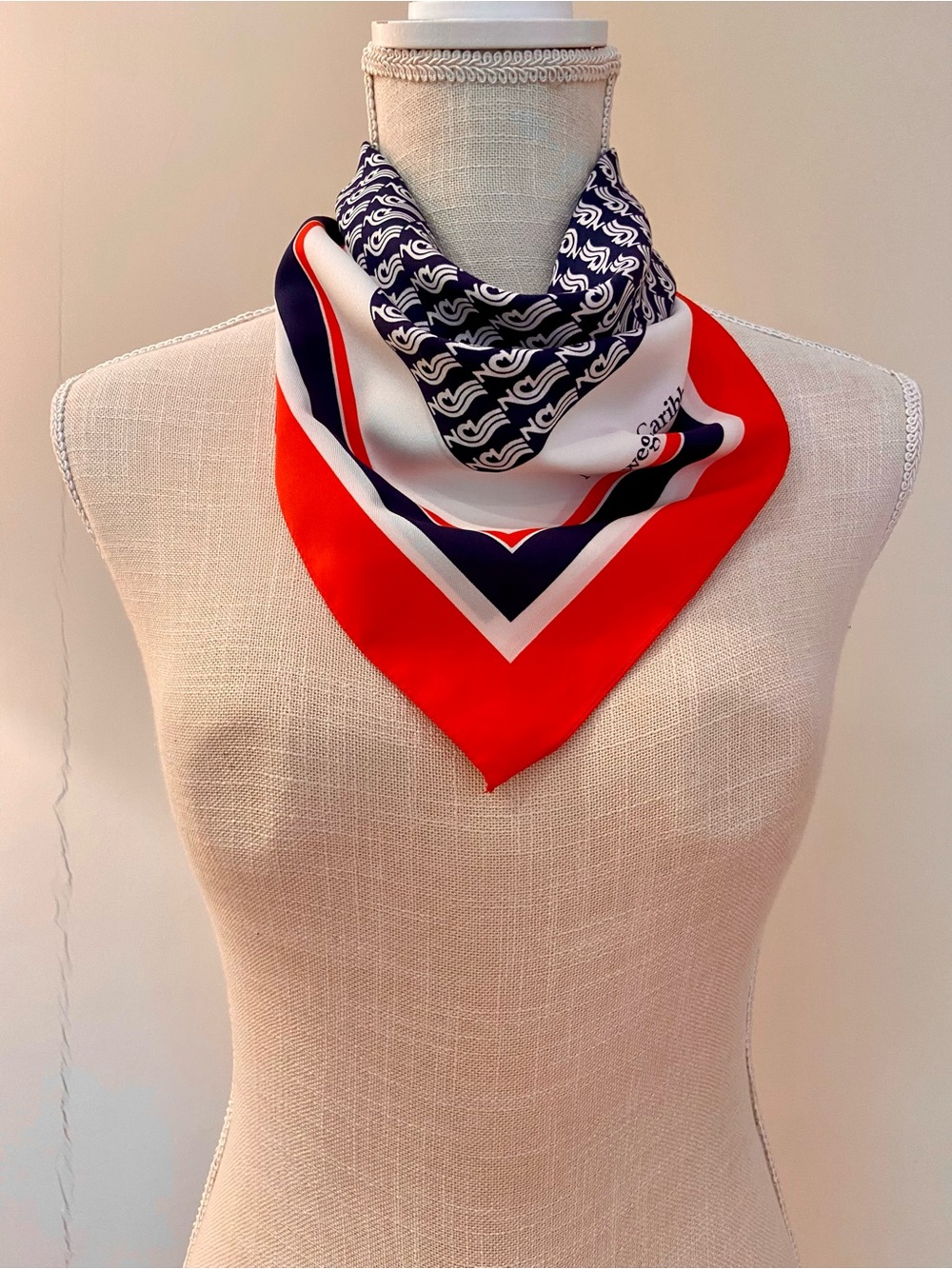 Vintage 80s Norwegian Caribbean Lines Red White Blue Scarf Stripe Wave Nautical